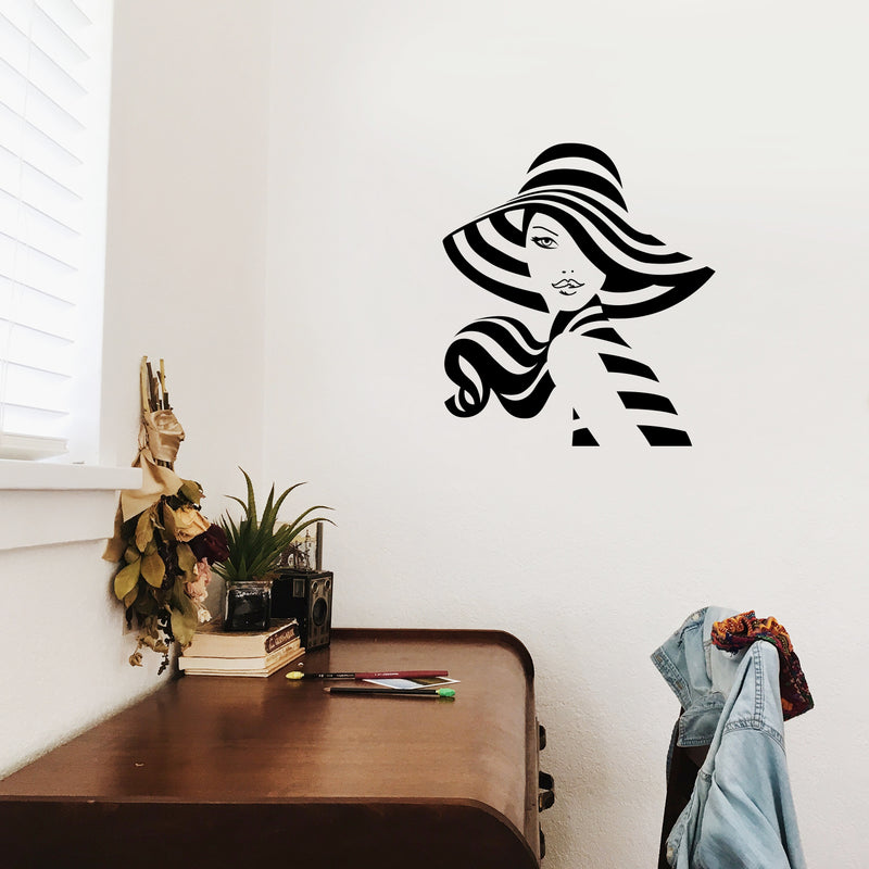 Vinyl Wall Art Decal - Girl In A Sunhat Silhouette - 24.5" x 22" - Chic Vogue Modern Feminine Body Shape Home Work Bedroom Living Room Apartment Office Store Indoor Women's Teens Decoration 3