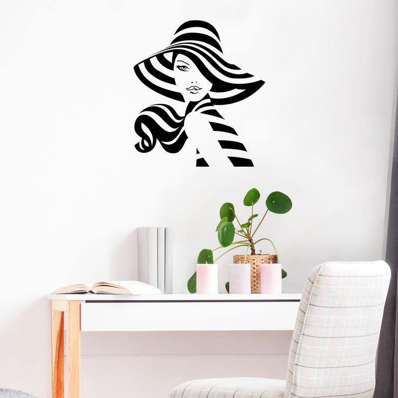 Vinyl Wall Art Decal - Girl In A Sunhat Silhouette - 24.5" x 22" - Chic Vogue Modern Feminine Body Shape Home Work Bedroom Living Room Apartment Office Store Indoor Women's Teens Decoration 2