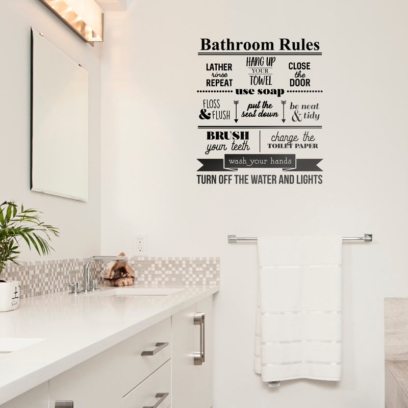 Vinyl Wall Art Decal - Bathroom Rules Close The Door Put The Seat Down Wash Your Hands Turn Off The Water And The Lights - Modern Household Home Bathroom Indoor Dorm Room Apartment Decor 2
