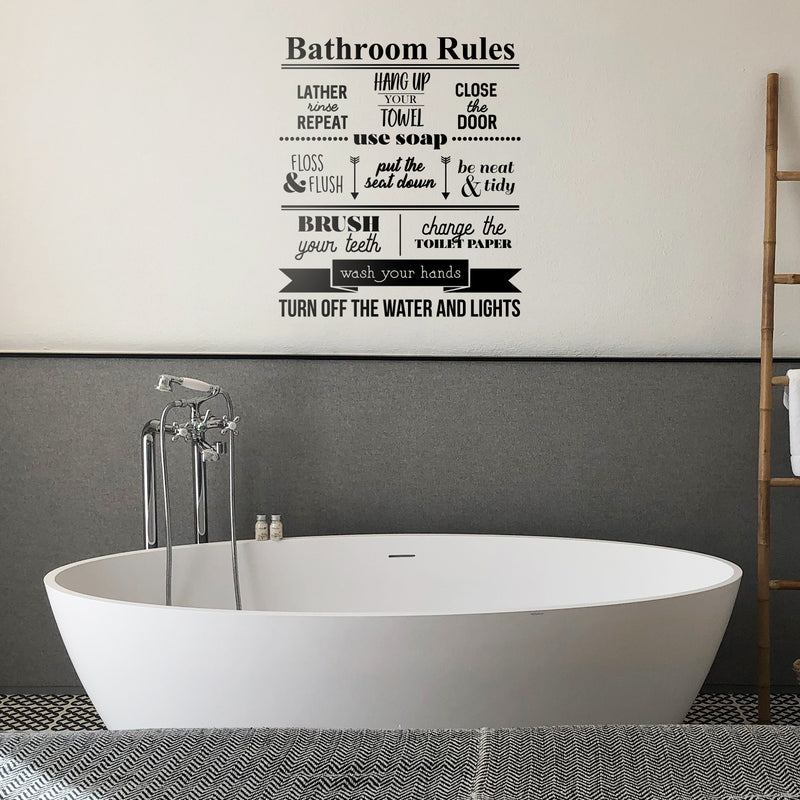 Vinyl Wall Art Decal - Bathroom Rules Close The Door Put The Seat Down Wash Your Hands Turn Off The Water And The Lights - 23" x 20" - Modern Household Home Bathroom Indoor Dorm Room Apartment Decor 3