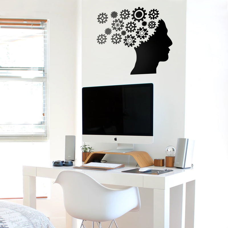 Vinyl Wall Art Decal - Gear Brain - Modern Engineer Mechanical Cogwheel Figure Shapes For Home Living Room Apartment Closet Bedroom Work Dorm Room Office Decoration 3