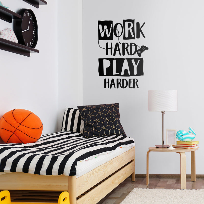 Vinyl Wall Art Decal - Work Hard Play Harder - Fun Control Cable Cool Modern Home Playroom Bedroom Living Room Kids Room Nursery Indoor Outdoor Apartment Dorm Room Decor 2