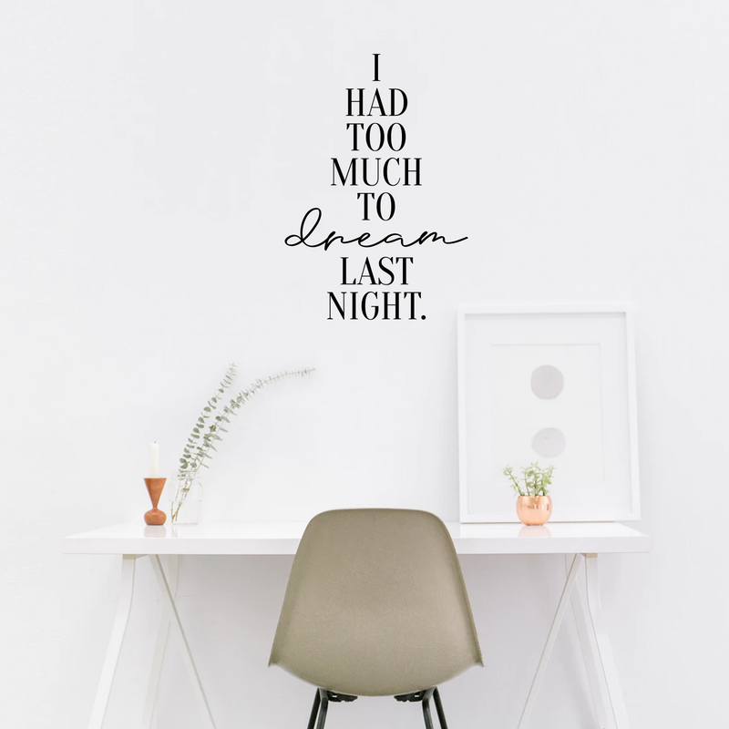 Vinyl Wall Art Decal - I Had Too Much To Dream Last Night - 32" x 22" - Motivational Modern Dreams Quote For Home Bedroom Living Room Work Office School Classroom Indoor Decoration 2