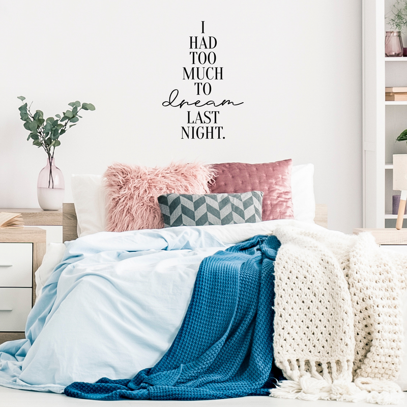 Vinyl Wall Art Decal - I Had Too Much To Dream Last Night - Motivational Modern Dreams Quote For Home Bedroom Living Room Work Office School Classroom Indoor Decoration 3