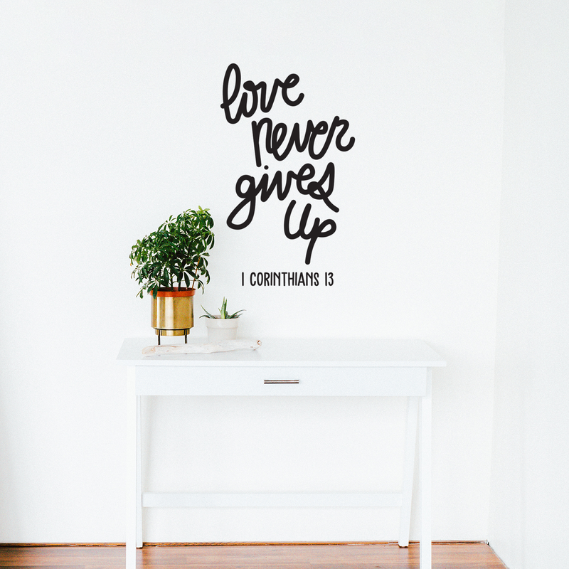 Vinyl Wall Art Decal - Love Never Gives Up - 36" x 22" - Trendy Positive Cursive Life Quote For Home Bedroom Office Apartment Living Room Indoor Decoration 2