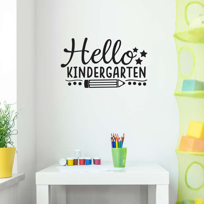 Vinyl Wall Art Decal - Hello Kindergarten - Trendy Star Pencil Shape Quote For Home Apartment Living Room Kids Room Nursery Playroom School Indoor Decoration 2