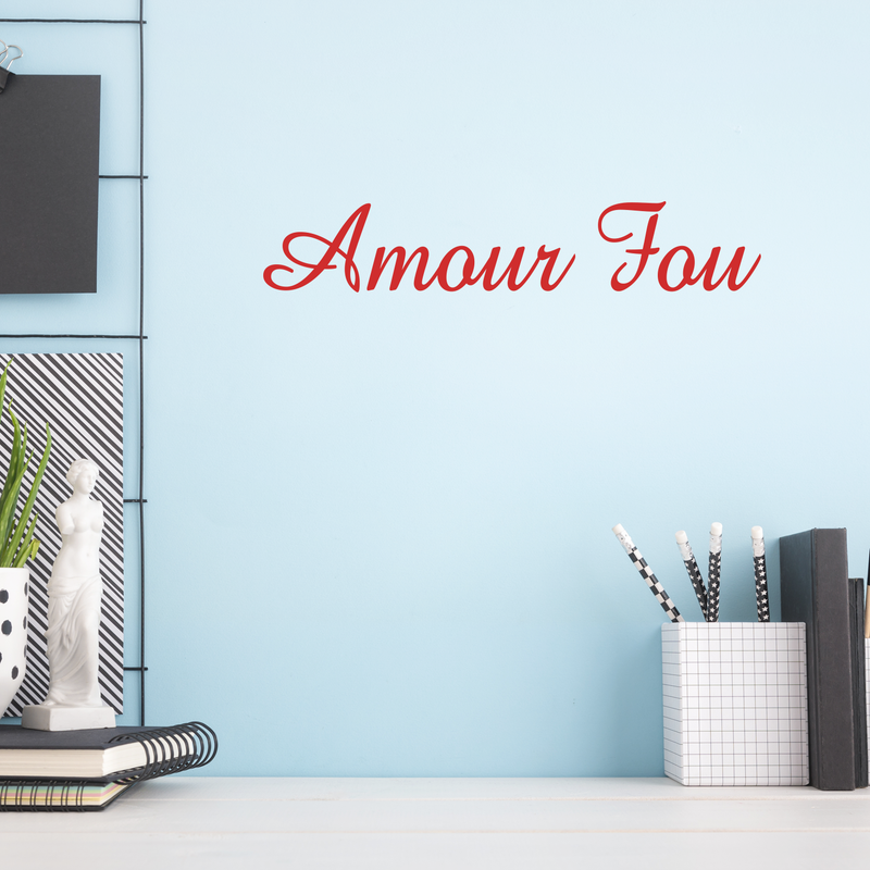 Vinyl Wall Art Decal - Amour Fou - Modern Cursive Passionate Love Desire French Quote For Home Living Room Bedroom Decor - Peel And Stick Apartment Work Office Sticker 1