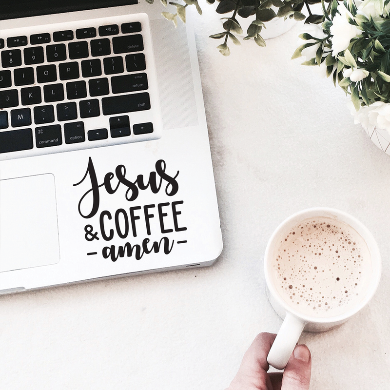 Vinyl Wall Art Decal - Jesus And Coffee Amen - 3.5" x 3.5" -  Modern Religious Cursive Quote For Laptop Bedroom Luggage Car Bumper Sticker Computer Notebook Mug Decoration 2