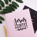 Vinyl Wall Art Decal - Jesus And Coffee Amen - 3.5" x 3.5" -  Modern Religious Cursive Quote For Laptop Bedroom Luggage Car Bumper Sticker Computer Notebook Mug Decoration 3