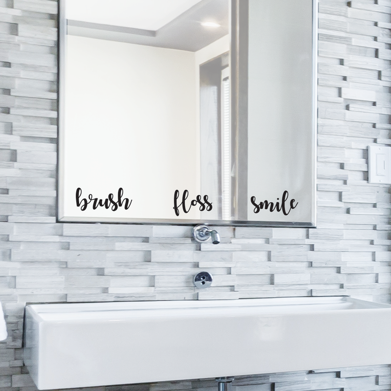 Vinyl Wall Art Decal - Brush Floss Smile - 5. - Trendy Cursive Funny Bathroom Quote For Home Apartment Bedroom Bathtub Shower Dorm Room Kids Toddlers Room Indoor Decoration 2