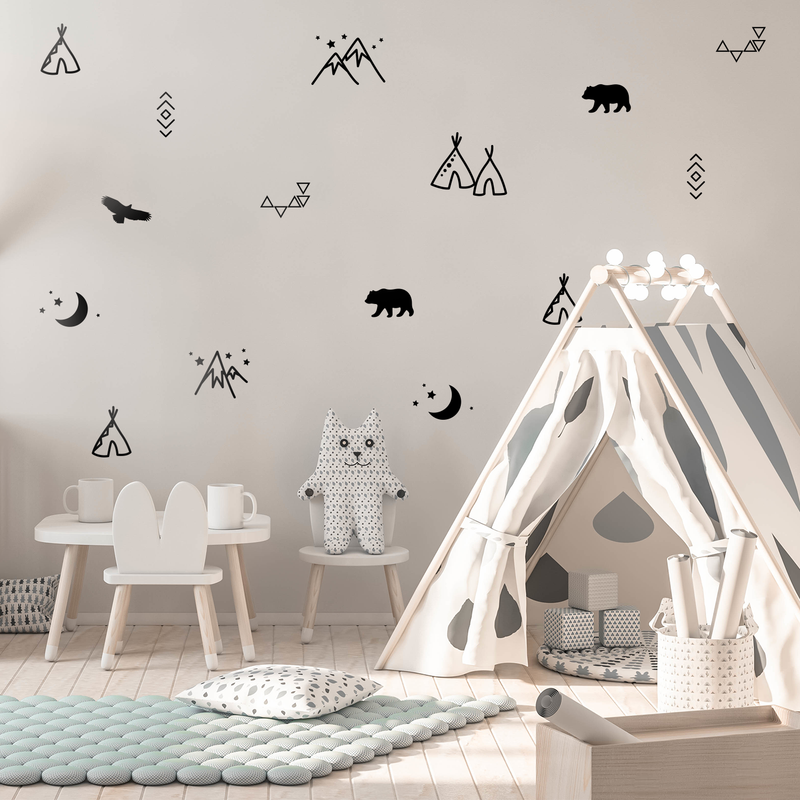 Vinyl Wall Art Decal - Teepee Bear Eagle Moon Mountains Pattern - From Each- Cute Modern Stickers Design For Home Apartment Kids Bedroom Living Room Playroom Nursery School Decoration 2