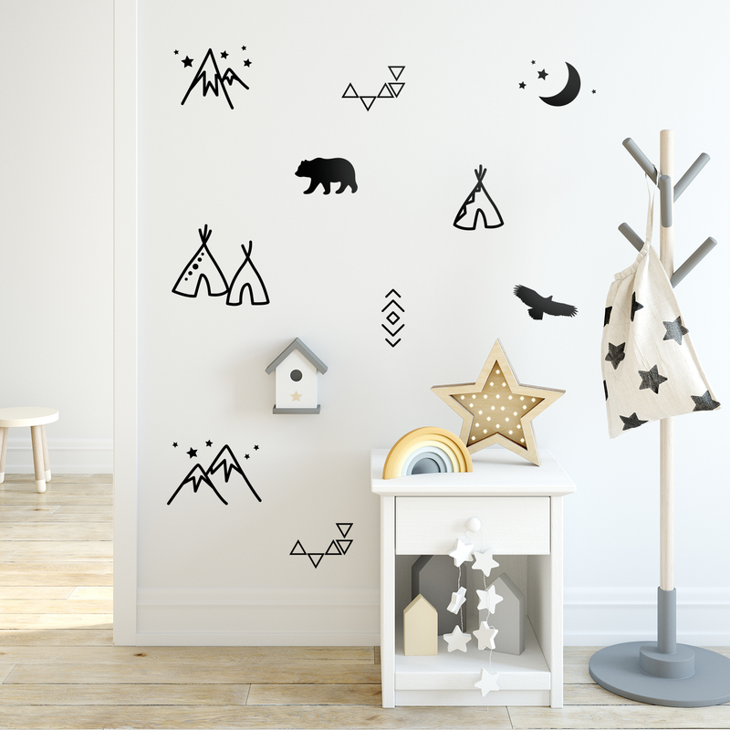 Vinyl Wall Art Decal - Teepee Bear Eagle Moon Mountains Pattern - From Each- Cute Modern Stickers Design For Home Apartment Kids Bedroom Living Room Playroom Nursery School Decoration 3