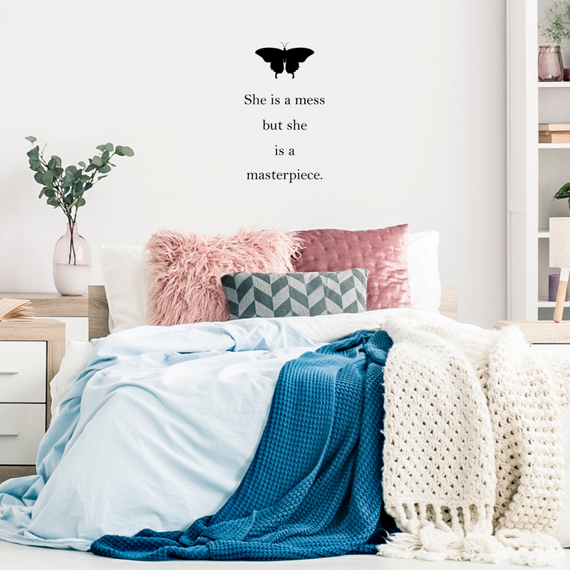 Vinyl Wall Art Decal - She Is A Mess But She Is A Masterpiece - 30" x 17" - Modern Motivational Funny Quote For Home Bedroom Bathroom Living Room Apartment Office Butterfly Decoration Sticker 3