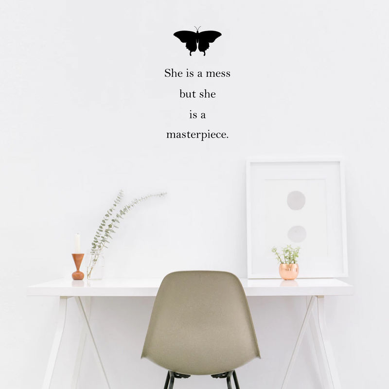 Vinyl Wall Art Decal - She Is A Mess But She Is A Masterpiece - Modern Motivational Funny Quote For Home Bedroom Bathroom Living Room Apartment Office Butterfly Decoration Sticker 2