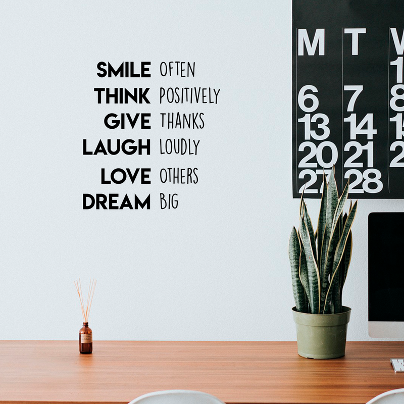 Vinyl Wall Art Decal - Smile Often Think Positively Give Thanks Laugh Loudly - 18. Inspirational Modern Quote For Home Bedroom Apartment Living Room Work Office School Classroom Decor 5