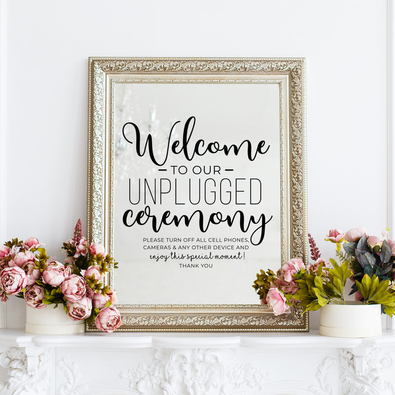 Vinyl Wall Art Decal - Welcome To Our Unplugged Ceremony - 22" x 22" - Modern Quote For Wedding Ceremony Husband Wife Guests Mirror Glass Cardboard Wood Frame Decoration Sticker 3