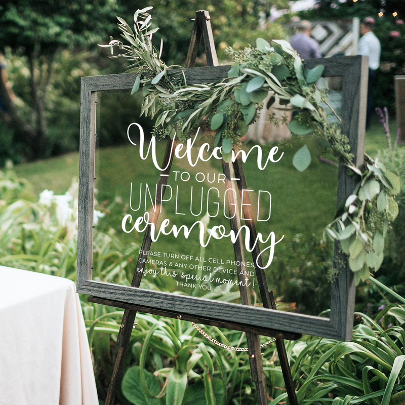 Vinyl Wall Art Decal - Welcome To Our Unplugged Ceremony - 22" x 22" - Modern Quote For Wedding Ceremony Husband Wife Guests Mirror Glass Cardboard Wood Frame Decoration Sticker 3