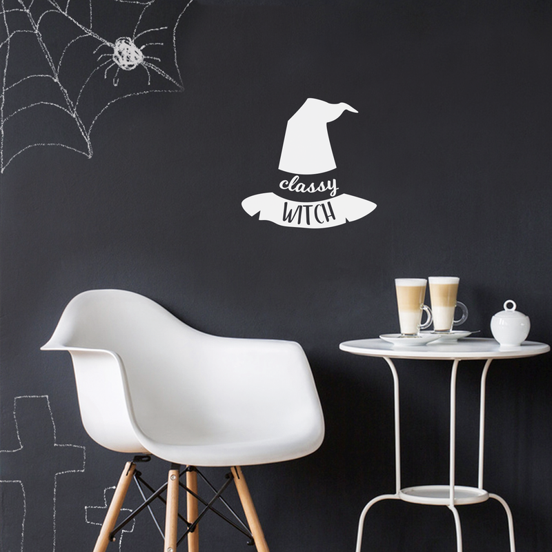 Vinyl Wall Art Decal - Classy Witch - 17" x 18" - Trendy Halloween Season Hat Shape Cursive Quote For Home Bedroom Living Room School Classroom Office Decoration Sticker 2