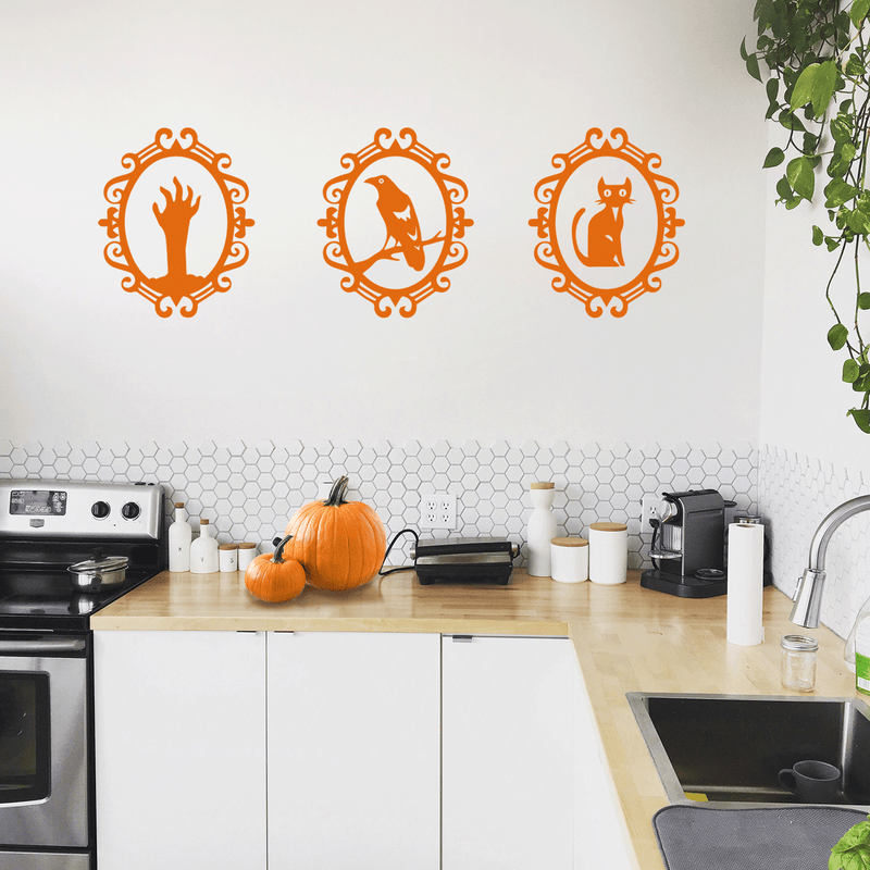 Set of 4 Vinyl Wall Art Decals - Halloween Frames - 17" x 20" Each - Trendy Halloween Season Broom Hat Shape For Home Bedroom Living Room School Classroom Office Decoration Sticker 3