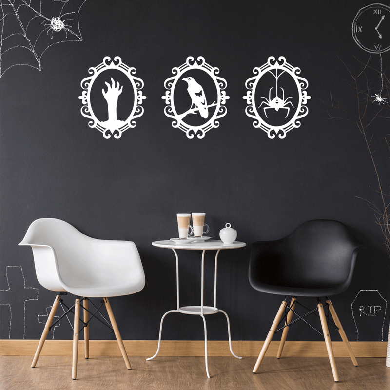 Set of 4 Vinyl Wall Art Decals - Halloween Frames - 17" x 20" Each - Trendy Halloween Season Broom Hat Shape For Home Bedroom Living Room School Classroom Office Decoration Sticker 3