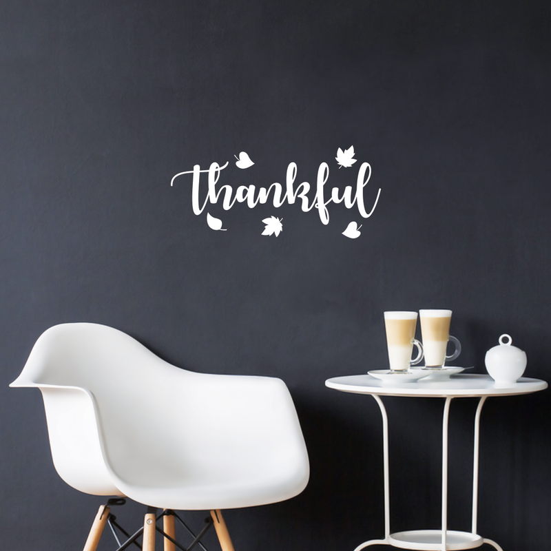 Vinyl Wall Art Decal - Thankful - 10.5" x 23.5" - Trendy Autumn Harvest Fall Leaves Seasonal Quote For Home Bedroom Kitchen Dining Room Office Church Decoration Sticker 2