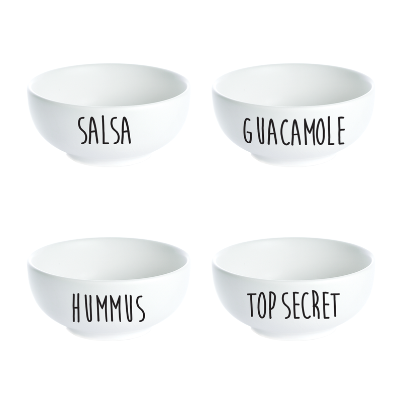 Vinyl Art Decals - Set of 4 Bowl Labels - 1.5" x 5" Each - Kitchen Bowls Cupboard Jars Containers Pantry Organization Decor Guacamole Salsa Hummus Top Secret Labels 3