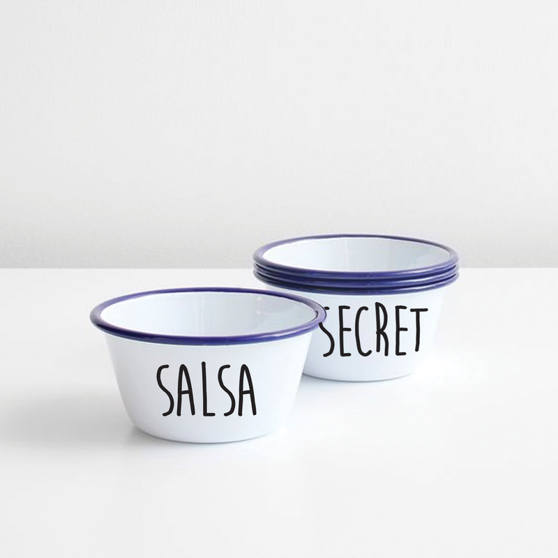 Vinyl Art Decals - Set of 4 Bowl Labels - 1.Each - Kitchen Bowls Cupboard Jars Containers Pantry Organization Decor Guacamole Salsa Hummus Top Secret Labels 5