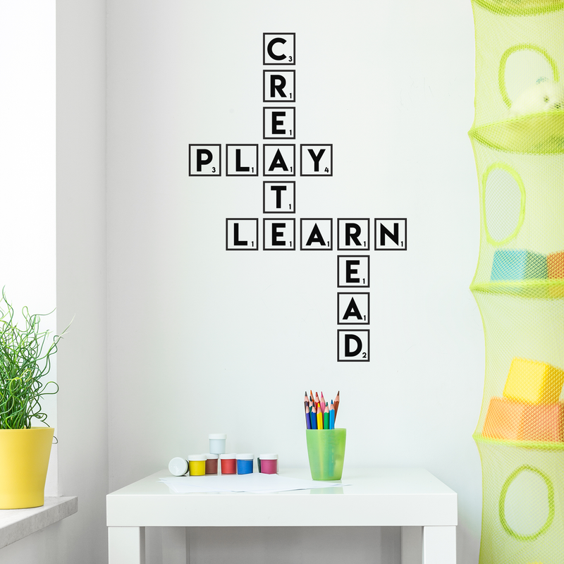 Vinyl Wall Art Decal - Create Play Learn Read - 33" x 22" - Modern Inspirational Game Quote Sticker Scrabble Shape For Teen Bedroom Home Office Kids Room Playroom Classroom Decor 2