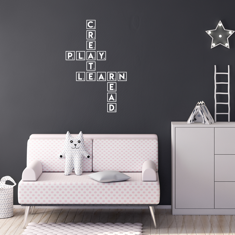 Vinyl Wall Art Decal - Create Play Learn Read - 33" x 22" - Modern Inspirational Game Quote Sticker Scrabble Shape For Teen Bedroom Home Office Kids Room Playroom Classroom Decor 2