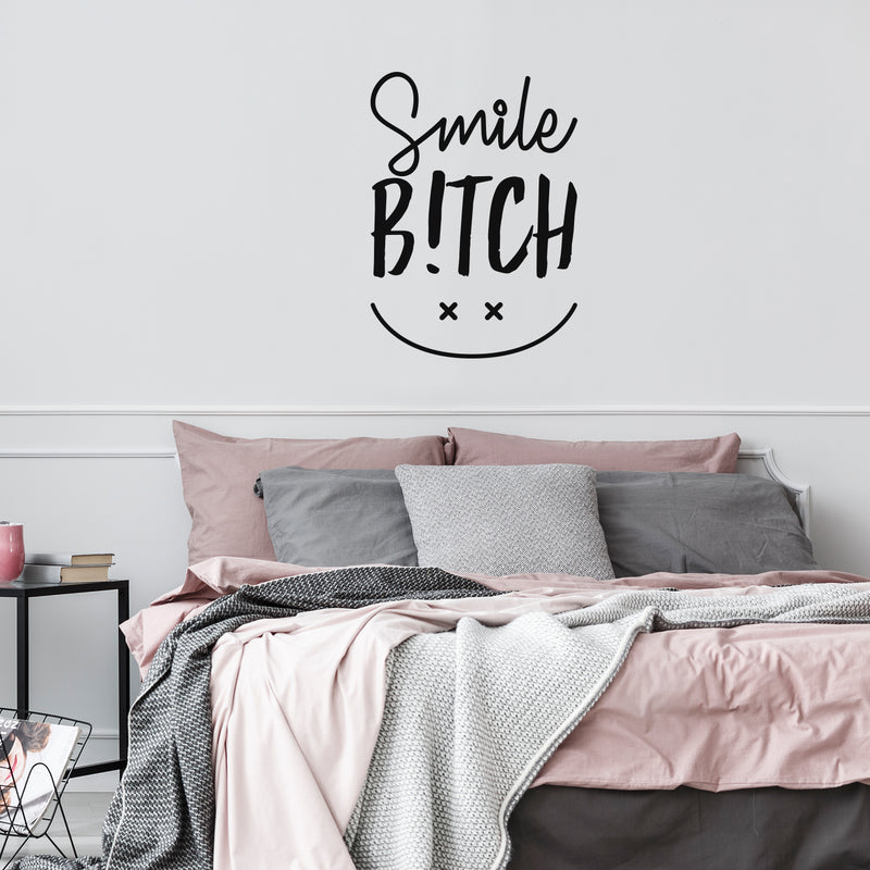 Vinyl Wall Art Decal - Smile Bitch - Trendy Cute Funny Adult Joke Quote Sticker Happy Face Design For Woman Bedroom Living Room Closet Office Coffee Shop Feminine Decor 2