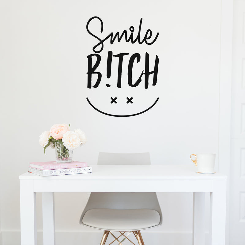 Vinyl Wall Art Decal - Smile Bitch - 30" x 22" - Trendy Cute Funny Adult Joke  Quote Sticker Happy Face Design For Woman Bedroom Living Room Closet Office Coffee Shop Feminine Decor 3