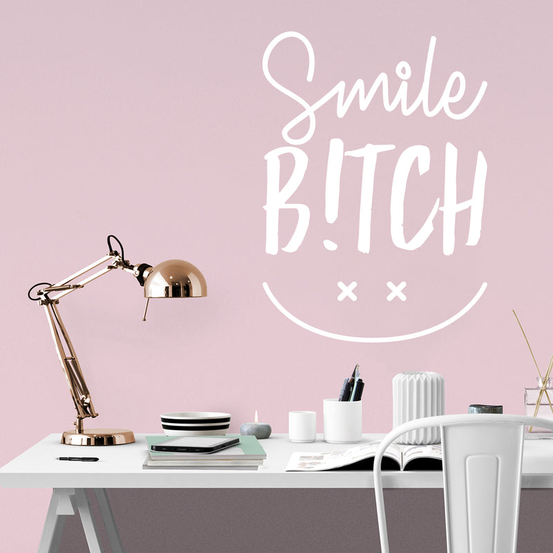 Vinyl Wall Art Decal - Smile Bitch - 30" x 22" - Trendy Cute Funny Adult Joke  Quote Sticker Happy Face Design For Woman Bedroom Living Room Closet Office Coffee Shop Feminine Decor 3