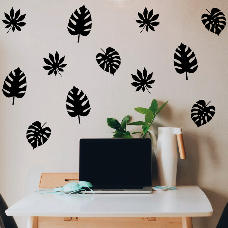 Set Of 12 Vinyl Wall Art Decal - Leaves Pattern - From 5.4" x 5" Each - Minimal Adhesive Sticker Nature Green Design For Home Office Bedroom Living Room Classroom Apartment Store Decor 2