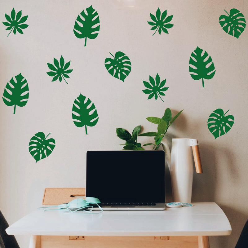 Set Of 12 Vinyl Wall Art Decal - Leaves Pattern - From 5.4" x 5" Each - Minimal Adhesive Sticker Nature Green Design For Home Office Bedroom Living Room Classroom Apartment Store Decor 2