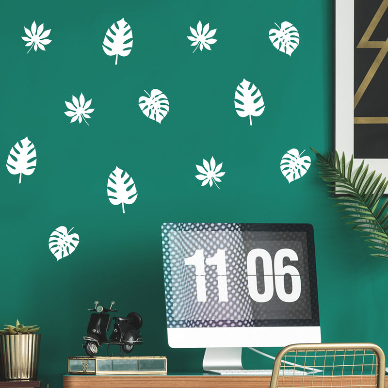 Set Of 12 Vinyl Wall Art Decal - Leaves Pattern - From 5.4" x 5" Each - Minimal Adhesive Sticker Nature Green Design For Home Office Bedroom Living Room Classroom Apartment Store Decor 2