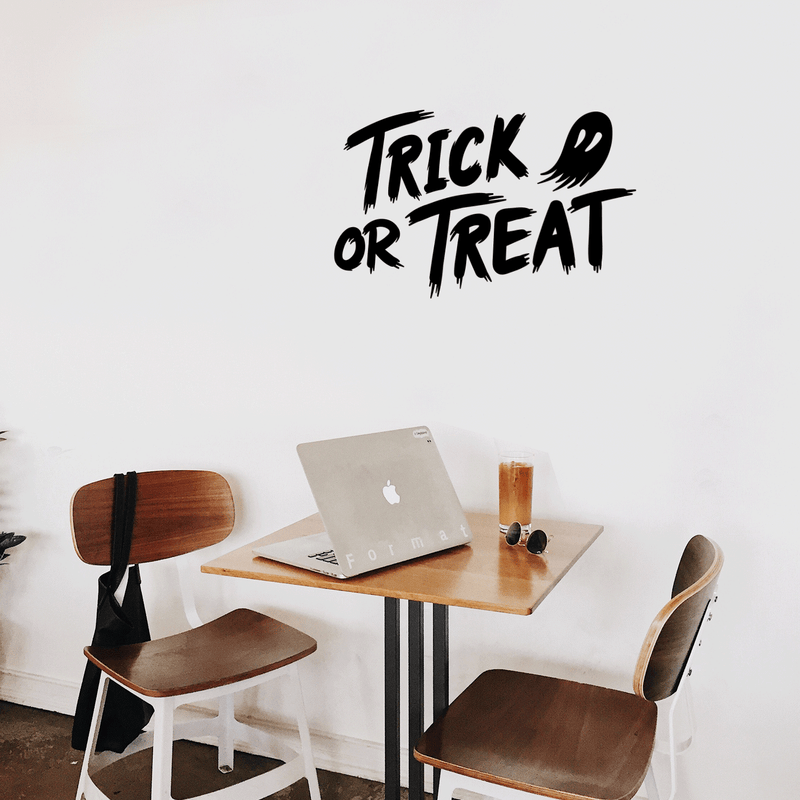 Vinyl Wall Art Decal - Trick Or Treat Ghost - Trendy Funny Scary Halloween Cute Ghost Design Sticker For Teens Bedroom Living Room Office School Classroom Store Door Window Spooky Decor 2