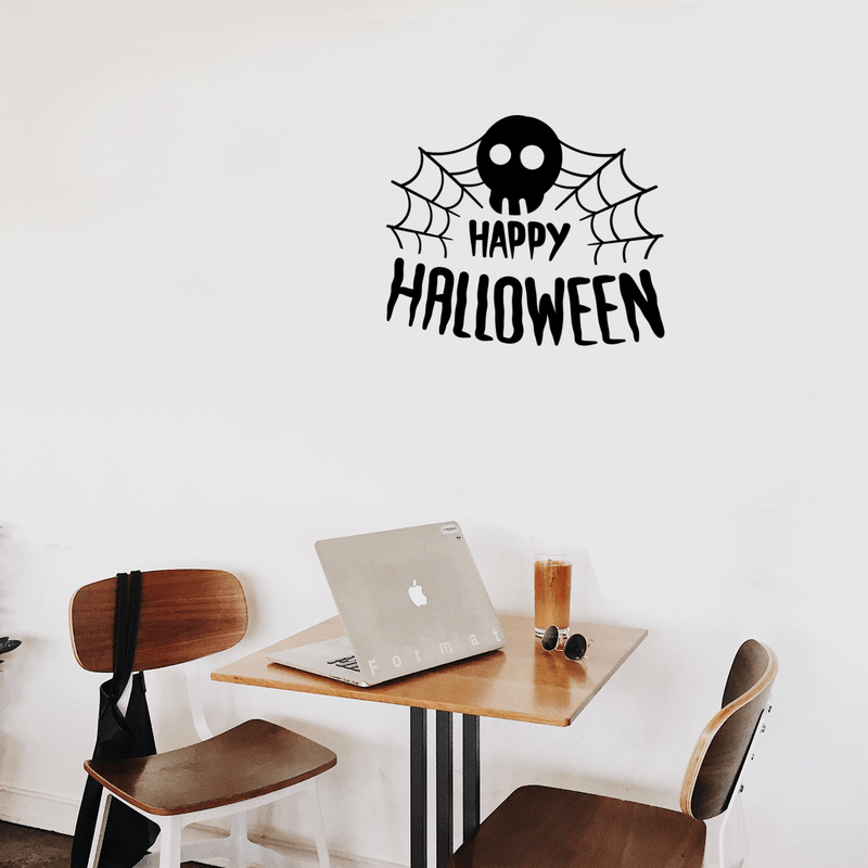 Vinyl Wall Art Decal - Happy Halloween Skull - Trendy Funny Scary Halloween Quote Sticker For Teens Bedroom Living Room Office School Classroom Store Door Window Coffee Shop Spooky Decor 3