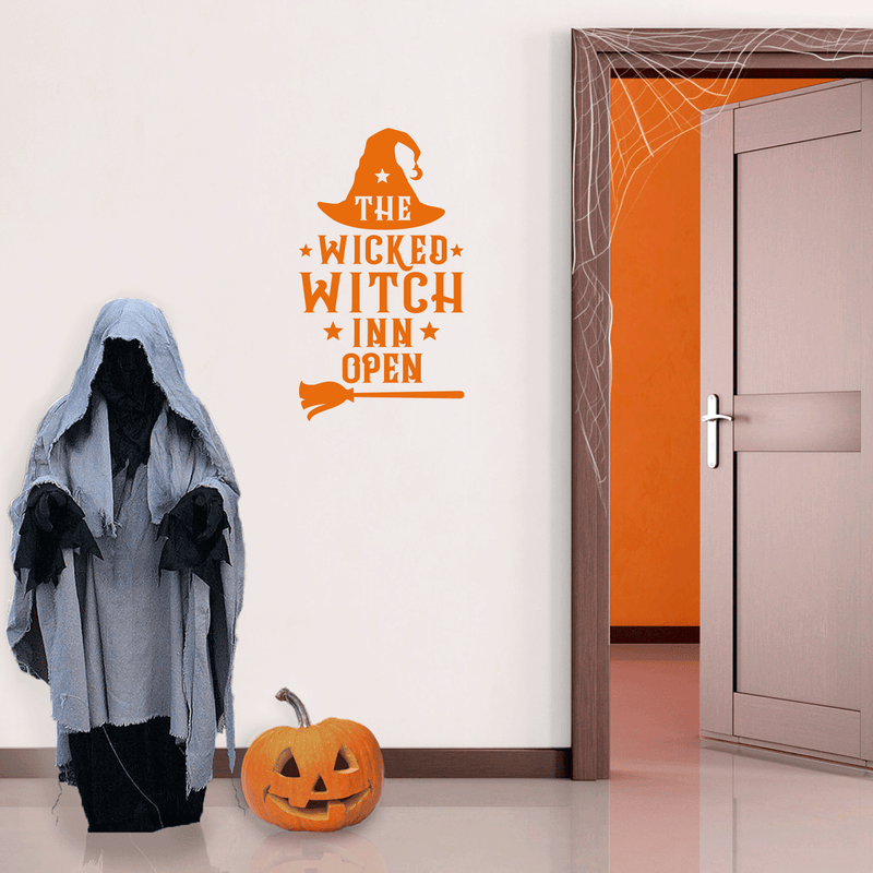 Vinyl Wall Art Decal - The Wicked Witch Inn Open - 17" x 22" - Trendy Funny Halloween Pumpkin Shape Quote Sticker For Entryway Dining Room Kitchen Restaurant Coffee Shop Store Window Spooky Decor 2