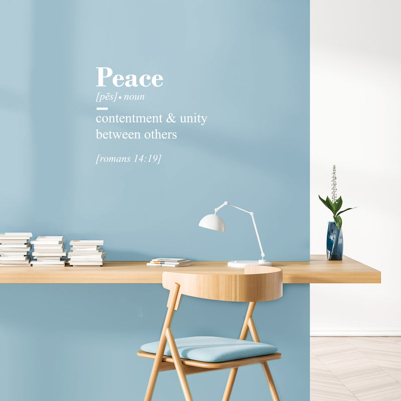 Vinyl Wall Art Decal - Peace Contenment And Unity Between Others - Romans 14:19 - 19" x 22" - Inspirational Religious Bible Verse Quote Sticker For Bedroom Living Room Kids Room Office Church Decor 3