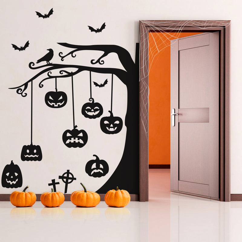 Vinyl Wall Art Decal - Graveyard Tree & Pumpkin - 60" x 43" - Trendy Scary Fun Halloween Design Sticker For Living Room Kids Room Playroom Office Coffee Shop Classroom Store Business Spooky Decor 2