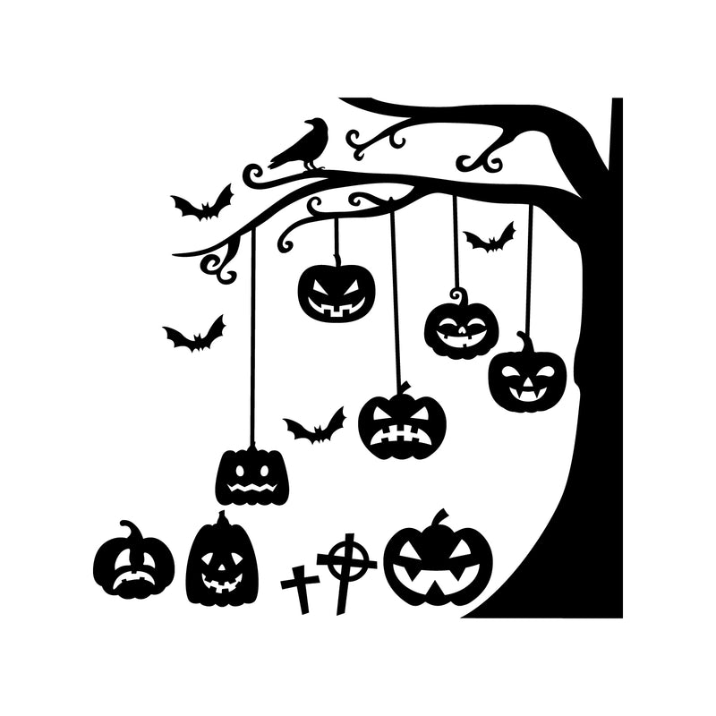 Vinyl Wall Art Decal - Graveyard Tree & Pumpkin - Trendy Scary Fun Halloween Design Sticker For Living Room Kids Room Playroom Office Coffee Shop Classroom Store Business Spooky Decor 1