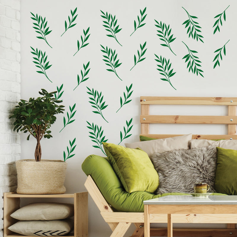 Set Of 24 Vinyl Wall Art Decal - Palm Leaves Pattern - From 9" x 4" Each - Minimal Adhesive Sticker Nature Green Design For Home Bedroom Living Room Classroom Office  Coffee Shop Store Decor 2