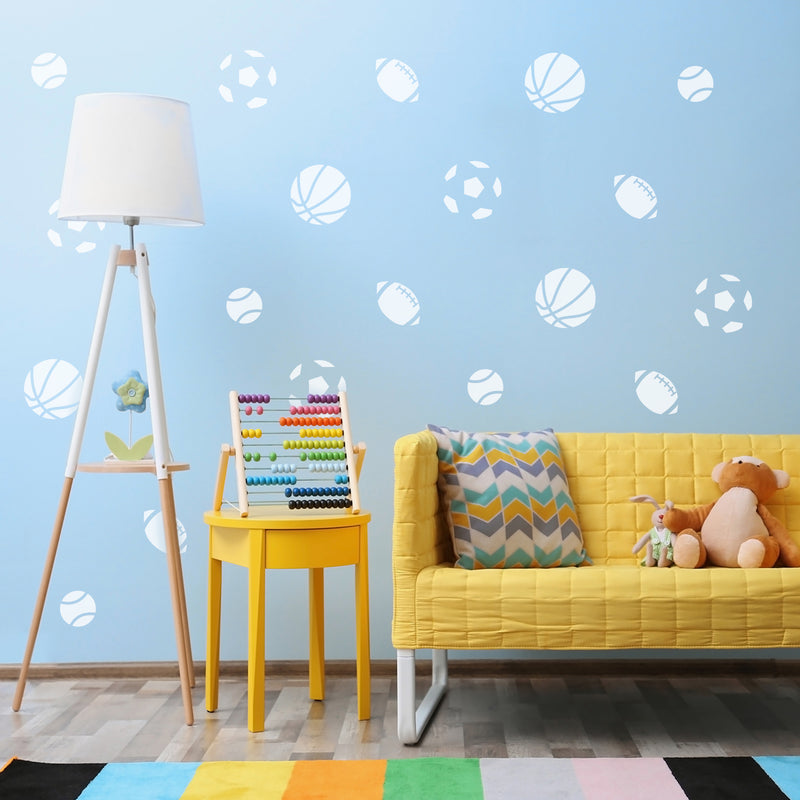 Set Of 20 Vinyl Wall Art Decal - Sports Balls Pattern - From 3" x 3" Each - Cool Adhesive Sticker Cute Design For Baby Kids Room Bedroom Playroom Home School Classroom Nursery Decor 2