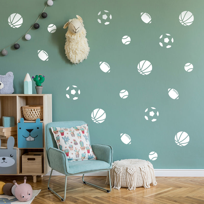 Set Of 20 Vinyl Wall Art Decal - Sports Balls Pattern - From 3" x 3" Each - Cool Adhesive Sticker Cute Design For Baby Kids Room Bedroom Playroom Home School Classroom Nursery Decor 3