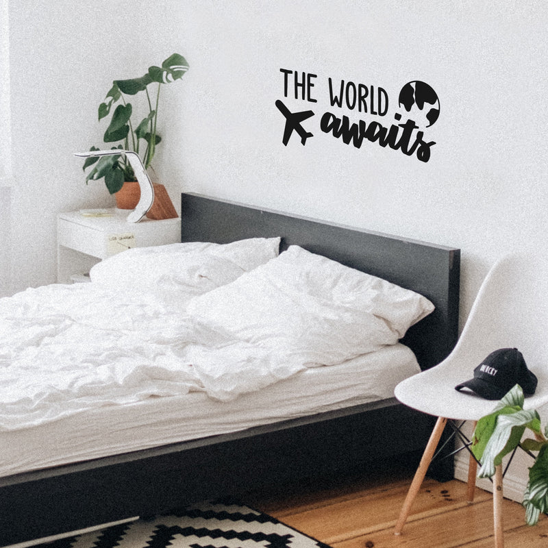 Vinyl Wall Art Decal - The World Awaits - Cute Fun Trendy Motivational World Airplane Design Sticker For Travel Lovers Bedroom Living Room School Coffee Shop Office Agency Decor 2