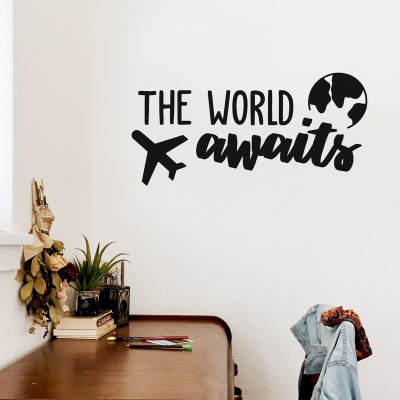 Vinyl Wall Art Decal - The World Awaits - Cute Fun Trendy Motivational World Airplane Design Sticker For Travel Lovers Bedroom Living Room School Coffee Shop Office Agency Decor 3