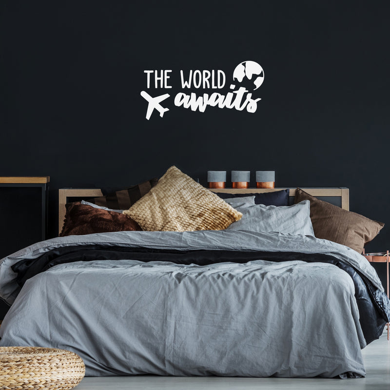 Vinyl Wall Art Decal - The World Awaits - 14" x 30" - Cute Fun Trendy Motivational World Airplane Design Sticker For Travel Lovers Bedroom Living Room School Coffee Shop Office Agency Decor 2