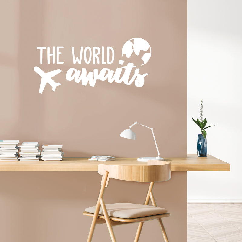 Vinyl Wall Art Decal - The World Awaits - 14" x 30" - Cute Fun Trendy Motivational World Airplane Design Sticker For Travel Lovers Bedroom Living Room School Coffee Shop Office Agency Decor 3