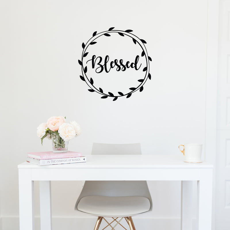 Vinyl Wall Art Decal - Blessed - 22" x 22" - Cute Trendy Grateful Inspirational Thanksgiving Season Quote Wreath Shape Sticker For Office Storefront Coffee Shop School Entryway Door Apartment Decor 2