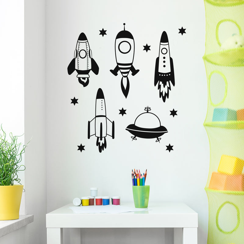 Set Of 5 Vinyl Wall Art Decal - Space Ships - 24" x 17" (From 1Each) - Modern Fun Cute Minimalist Design Stickers For Kids Room Bedroom Playroom Daycare Nursery Classroom Decor 2